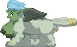 2018 alpha_channel animated anthro big_breasts blue_hair breasts feathered_wings feathers female fur gif goblin goblin_female green_eyes green_skin hair humanoid low_res mammal mimi nightfaux nipples nude pixel_art ring simple_background smile solo sphinx tail_ring transparent_background tsunamidusher video_games white_fur wings