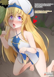 bangs bare_arms bare_legs bare_shoulders barefoot big_eyes blonde_hair blue_eyes blush breasts censored dress dungeon english eyebrows_visible_through_hair female goblin goblin_male goblin_slayer green_skin hair_between_eyes happy hat heart heart_censor highres hypnosis kneeling long_hair looking_up mind_control multicolored multicolored_clothes multicolored_dress on_ground open_mouth oral_invitation patreon_logo patreon_username penis priestess_(goblin_slayer) size_difference small_breasts small_dom_big_sub smaller_male solo tongue tongue_out vahn_yourdoom