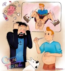 ahe_gao aznonymous blonde_hair blush captain_haddock cuntboy cuntboy_penetrated cunttoonz flashback intersex kilt mpreg pregnancy pregnancy_test pregnant pregnant_belly pregnant_cuntboy red_hair shocked_expression snowy the_adventures_of_tintin tintin vaginal_penetration