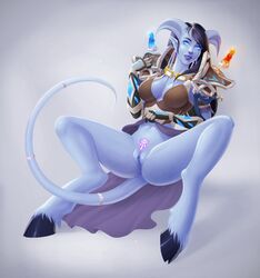 blue_eyes cleavage draenei female hooves horns mystra_(mysticlad) no_panties pointy_ears pussy sienna solo tail tail_ring world_of_warcraft