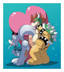 abstract_background balls barefoot bowser canine claws clothed clothing duo erection gay hot_dogging koopa male male_only mammal mario_(series) nintendo nipples nude paws penis piercing saliva scalie size_difference slashy_slashy spikes teaselbone_(character) toe_claws toes tongue video_games wolf yaoi