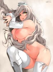 bangs blush breasts commentary covered_nipples detached_sleeves eyebrows_visible_through_hair eyelashes female garrison_cap grey_hair hat hips kantai_collection large_breasts long_hair looking_at_viewer lying mitsuba_minoru navel nipples on_side parted_lips pola_(kantai_collection) signature solo swept_bangs thighhighs_under_boots thighs very_long_hair wavy_hair white_footwear white_legwear yellow_eyes