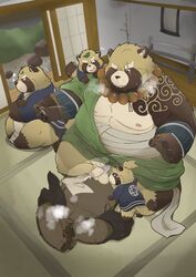 2018 96panda anal anthro ass balls belly blush bulge canine clothed clothing cum erection fundoshi group gyobu humanoid_hands japanese_clothing leaf lifewonders male mammal moobs moritaka navel nipples one_eye_closed overweight overweight_male penis scar sex tanuki tattoo tokyo_afterschool_summoners underwear wink yaoi young