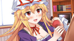 1boy :d alternate_eye_color bangs blonde_hair blush book bookshelf breasts brown_eyes censored choker cleavage commentary_request dress e.o. eyebrows_visible_through_hair female frilled_sleeves frills grabbing hair_between_eyes hat hat_ribbon highres indoors juliet_sleeves large_breasts long_hair long_sleeves looking_up mob_cap monitor mosaic_censoring open_mouth penis penis_grab puffy_sleeves purple_dress red_choker red_ribbon ribbon ribbon_choker sidelocks smile solo_focus straight television touhou upper_body white_hat wide_sleeves window yukari_yakumo