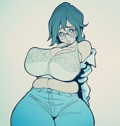 balak bedroom_eyes big_breasts bra breasts chubby cleavage clothed cyan_eyes eyelashes female glasses huge_breasts jeans limited_palette maxine_(balak) muffin_top nipple_bulge off_shoulder round_glasses seductive skindentation slightly_chubby soft_breasts solo thick_bottom_lip undressing wide_hips