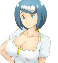 1girls areolae big_breasts blue_eyes blue_hair breasts cleavage clothed covered_nipples erect_nipples female female_only freckles human human_only lana's_mother_(pokemon) long_hair looking_at_viewer milf mob_face mother nintendo nipples nipples_visible_through_clothing no_bra pokemon pokemon_sm ponytail see-through shirt smile tof wet_clothes white_background