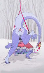 2018 5_fingers anthro ass bell big_breasts breasts christmas claws clothed clothing dragon elf feet female fingers fur hair holidays humanoid jewelry kuglu lizard long_hair looking_at_viewer open_mouth plug pointy_ears purple_fur pussy reptile scalie snow solo thick_thighs