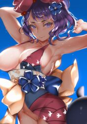 breasts cleavage fate/grand_order fate_(series) female female_only highres katsushika_hokusai_(fate) looking_at_viewer purple_eyes purple_hair pussy solo viola_(seed)