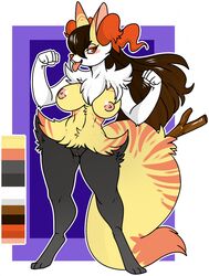 abs anthro big_breasts braixen breasts brown_hair canine demonnyuu female fluffy full-length_portrait fur hair long_hair mammal nintendo nipples nude open_mouth original_character pokémon_(species) pokemon pokemon_(species) portrait pussy simple_background solo standing tongue tongue_out video_games wide_hips yellow_fur