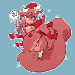 alternate_version_at_source anthro blue_background blush breasts christmas condom female fur hair hat holding_condom holding_object holidays legs_up mammal nude paperclip_(artist) presenting presenting_pussy pussy ribbons rodent scissors simple_background smile solo squirrel