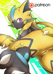 1girls 3_fingers 3_toes anthro areolae blue_pussy breasts claws feet female female_only furry kicktyan looking_at_viewer looking_back nintendo nipples nude paws pokemon pokemon_usm purple_eyes pussy solo spread_legs text thick_thighs uncensored watermark wide_hips yellow_fur zeraora