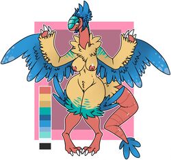 anthro archeops avian big_breasts blue_hair breasts claws demonnyuu feathers female full-length_portrait hair half-closed_eyes hi_res nintendo nipples non-mammal_breasts nude original_character pokémon_(species) pokemon portrait pussy simple_background smile solo standing thick_thighs video_games voluptuous wide_hips wings