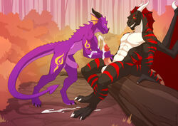 2014 abs amras_lelliath anthro anthro_on_anthro athletic balls biceps big_penis black_skin claws cum cum_on_arm cum_on_ground cumshot detailed_background digitigrade dragon duo ejaculation erection fangs fin forest frill grin hand_on_penis hand_on_thigh handjob horn humanoid_penis male markings membranous_wings muscular nude orgasm outside partially_retracted_foreskin pecs penis pose purple_skin red_skin reptile scales scalie scar sex sitting smile spade_tail spikes standing stripes teeth toe_claws tree uncut white_skin wings wolfy-nail yaoi yellow_eyes yellow_skin