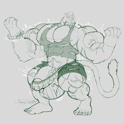 anthro ball_growth balls big_balls big_penis bulge clothing feline growth huge_balls huge_cock humanoid_penis male male_only mammal monochrome muscle_growth muscular muscular_male pecs penis penis_growth pubes siriusdog solo torn_clothing underwear veiny_muscles