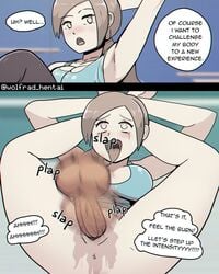 2018 ahe_gao big_breasts big_penis breasts comic instant_loss_2koma legs_behind_head mating_press nintendo penis ponytail sex straight text wii_fit wii_fit_trainer wolfgang_bang