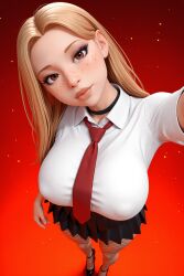 1girls 3d 3d_(artwork) ai ai_generated big_ass big_breasts blonde_hair breasts busty button_down_shirt female fishnets hd hi_res high_resolution highres long_hair pleated_skirt radnsad sindy(oc) solo solo_female solo_focus thick_ass thick_thighs tie