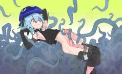 1boy absurdres arknights bare_shoulders black_gloves black_tank_top blue_hair blue_hat closed_mouth clothes_pull commentary commission disembodied_penis elbow_gloves english_commentary erection feet_out_of_frame from_side gloves halftone halftone_background hat highres male male_focus mizuki_(arknights) orange_eyes pants pants_pull penis pshuuu short_hair smile tank_top tentacle trap uncensored variant_set