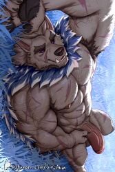 2025 abs anthro armpits balls bara biceps big_penis biped blaidd_(elden_ring) canid canine canis colored daddy dilf elden_ring fangs fromsoftware genitals grass hi_res humanoid_genitalia humanoid_penis lying male mammal muscular muscular_anthro muscular_male muscular_thighs nipples nude pecs penis purple_eyes scar sir_arion wolf