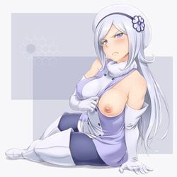 aila_jyrkiainen black_legwear blush boots breasts clothing female female_only gloves gundam gundam_build_fighters hat large_breasts long_hair nipples one_breast_out pixiv shikuta_maru simple_background solo thighhigh_boots tights white_boots white_gloves white_hair