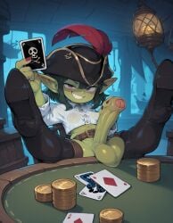 1girl 4_fingers ai_generated behind_table black_hat black_thighboots brown_belt covered_nipples cropped_shirt feet_on_table feet_up foreskin futanari goblin gold_coins green_hair green_skin half-closed_eyes hand_up high_heels holding_card humanoid_penis indoors large_balls large_penis leaning_back legs_apart medium_breasts midriff noodle_jacuzzi on_chair original pointy_ears red_nails shortstack sitting smile smirk solo spread_legs thick_thighs tricorne white_shirt wide_hips wooden_chair