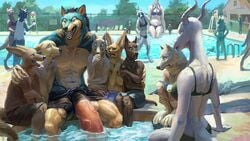 anthro attribute_theft ball_growth balls balls_slip big_balls big_bulge bulge canine clothed clothing erection fennec fox fur furry growth hyper hyper_penis male male_focus mammal penis penis_growth penis_shrinking penis_size_difference penis_slip pool_(disambiguation) size_theft small_penis_humiliation spectrumshift water_park wolf