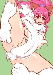 animal_ears ass bare_legs bare_shoulders breasts cat_ears cat_girl cleavage curvy female female highres huge_ass large_breasts long_hair looking_at_viewer paw_print perisie_(star_ocean) pink_hair ponytail ryoi shiny shiny_hair shiny_skin simple_background smile solo spread_legs star_ocean star_ocean_first_departure tail thick_thighs thighhighs thighs very_long_hair