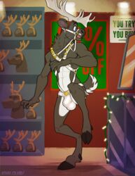 2018 5_fingers abs anthro antlers balls_outline blue_eyes brown_hair bulge cervine clothed clothing cloven_hooves hair harness hooves horn jingle_bell jingle_bell_harness jockstrap kihu male male_only mammal mirror navel open_mouth penis_outline reindeer solo spiritpaw topless underwear