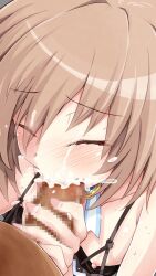 1boy 1girls blanc blush breasts brown_hair censored closed_eyes cum cum_in_mouth ejaculation fellatio female highres iwashi_dorobou_-r- male neptunia_(series) nipples oral orgasm penis penis_grab short_hair small_breasts sweat