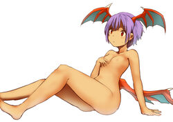 breasts darkstalkers demon_wings female flat_chest head_wings lavender_hair lilith_aensland nude red_eyes short_hair simple_background sitting small_breasts solo succubus tenteco_(covamin) white_background wings