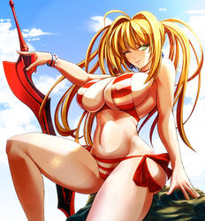 bare_shoulders bikini bikini_bottom bikini_top blonde_hair blush bracelet busty cleavage closed_eyes curvy day detailed_background erect_nipple erect_nipples eyelashes fate/grand_order fate_(series) female_only front_view green_eyes holding_object hourglass_figure human kawaraya_a-ta long_hair looking_at_viewer midriff nero_claudius_(swimsuit_caster) nipple_bulge one-eye_closed outdoor outdoors pose posing shiny shiny_skin sitting solo voluptuous weapon wide_hips wink yellow_hair