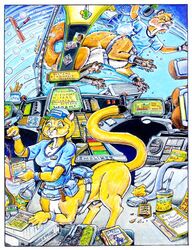 1990s 1995 20th_century animal_genitalia blonde_hair bottomless breasts chakat chakona_space cleavage clothed clothing dickgirl duo english_text fox_taur fully_sheathed fur garrek goldfur hair intersex male roy_d._pounds_ii sheath taur text yellow_eyes yellow_fur