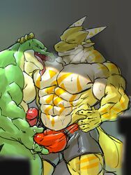 abs anthro biceps big_penis bulge claws closed_eyes clothing crocodile crocodilian dragon erection gay hand_on_head horn humanoid_penis licking looking_pleasured male male/male male_only muscular muscular_male nude pecs penis precum reptile scalie sharp_teeth teeth tenting tongue tongue_out underwear vorusuarts vorusuarts_(character) yaoi