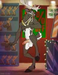 2018 5_fingers abs anthro antlers balls blue_eyes brown_hair cervine clothing cloven_hooves cock_ring hair harness hooves horn humanoid_penis jingle_bell jingle_bell_harness kihu male male_only mammal mirror navel nude open_mouth penis reindeer solo spiritpaw