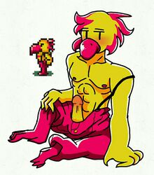 anthro balls bird chicken deanyt earthbound erect flying_man hand_on_leg male_focus mother_2 muscular nintendo orange_feathers penis red_feathers sitting snes suspenders video_game