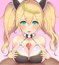 1boy 1girls bikini blonde_hair blue_eyes blush breast_squeeze breasts dark-skinned_male dark_skin female gene_(pso2) hair_between_eyes large_breasts light-skinned_female light_skin multicolored_hair paizuri paizuri_under_clothes penis phantasy_star phantasy_star_online phantasy_star_online_2 swimsuit twintails two-tone_hair