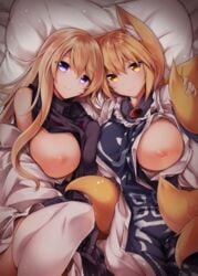 2girls animal_ear_fluff animal_ears bangs bed_sheet blonde_hair breasts closed_mouth dress eyebrows_visible_through_hair fox_ears fox_tail hair_between_eyes highres horny large_breasts looking_at_viewer lying midori_(misuriru8) multiple_girls nipples on_back one_breast_out pillow purple_eyes ran_yakumo smile tabard tail thighhighs touhou white_dress white_legwear white_pillow yellow_eyes yukari_yakumo