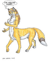 2003 alternate_species animal_genitalia anthro blonde_hair breasts canine chakona_space dickgirl english_text fox fox_taur fully_sheathed fur goldfur hair intersex mammal nude opal_weasel sheath taur text yellow_fur