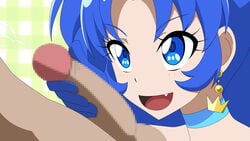 1boy atelier_gons blue_eyes blue_hair censored cure_gelato female handjob imminent_fellatio imminent_oral magical_girl oral partial_male penis precure pretty_cure tategami_aoi