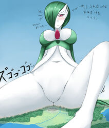 1girls breasts city color destruction female female_gardevoir female_only frown gardevoir giantess green_hair huge_breasts japanese_text macro nintendo ochiko ochiko_terada pink_eyes pokémon_(species) pokemon pokemon_(species) pokemon_rse solo translation_request white_skin