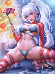 aroma_sensei blue_eyes bra christmas christmas_outfit cleavage female high_heels long_hair panties rwby selfie_stick skindentation solo squatting striped_legwear thighhighs weiss_schnee white_hair