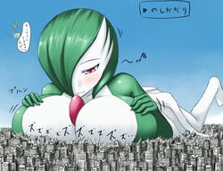 1girls breasts city color crush destruction female female_gardevoir female_only gardevoir giantess green_hair huge_breasts japanese_text large_breasts macro nintendo ochiko ochiko_terada pink_eyes pokémon_(species) pokemon pokemon_(species) pokemon_rse smile solo translation_request white_skin