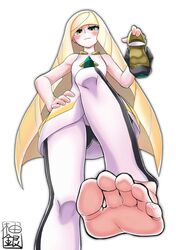 1girls aether_foundation bare_shoulders barefoot blonde_hair blush breasts clothed clothes dress feet femdom foot_fetish foot_focus green_eyes hair_over_one_eye hand_on_hips holding human human_only leggings long_hair looking_at_viewer lusamine_(pokemon) milf mother pokemon pokemon_sm shoes shoes_removed small_breasts soles text toes watermark white_background wide_hips