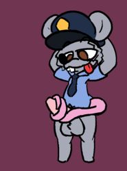 animated balls biped blush bottomless brown_eyes buckteeth clothed clothing erection fur male male_only mammal masturbation mouse necktie penile_masturbation penis police police_uniform rabblet rodent simple_background solo tail_masturbation teeth tongue uniform