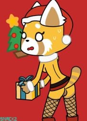 2018 aggressive_retsuko ailurid ass blush christmas clothing female fur gift gift_wrapped hat holidays looking_back mammal nervous pussy red_panda retsuko santa_hat simple_background snack2 solo tree