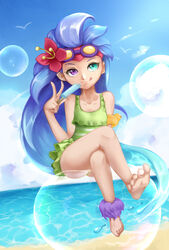 beach blue_hair feet female flower foot_fetish glasses hair_flower heterochromia ice_cream league_of_legends long_hair pool_party pool_party_series pool_party_zoe riot_games soles swimsuit toes tongue tongue_out zoe_(league_of_legends)