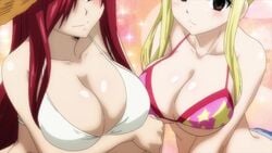 2018 2girls animated big_breasts bikini blonde_hair blush breast_hold breast_squeeze breasts brown_eyes canonical_scene cleavage collarbone crossed_arms erza_scarlet fairy_tail female female_only hair hair_over_one_eye hat headgear highres huge_breasts human large_breasts long_hair looking_at_viewer lucy_heartfilia multiple_girls official_animation official_copyright ponytail red_hair shiny shiny_skin short_video sound straw_hat swimsuit tied_hair underboob upper_body very_long_hair video