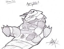 2007 aggron breasts claws english_text female female_only lynx-foxx monochrome nintendo nude pokemon pokemon_(species) pokemon_rse pussy_juice sketch solo traditional_media_(artwork) vulva