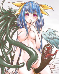 blue_hair blush bow dizzy_(guilty_gear) female finger_to_mouth guilty_gear pink_eyes saliva shinzou snake solo tentacle wings