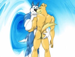 anthro ass ass_grab canine dog exile fur furry furry_only gay hunter_(road_rovers) male male_only mammal multiple_males no_humans nude road_rovers standing tail