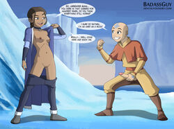 1boy 1girls aang air_nomad airbender_tattoo avatar_legends avatar_the_last_airbender badassguy breasts clothing dark-skinned_female dark_skin dialogue english_text erect_nipples erection female hairless_pussy interracial katara male nickelodeon nipples outdoors outside penis pussy small_breasts speech_bubble straight_hair text the_avatar undressing water_tribe what